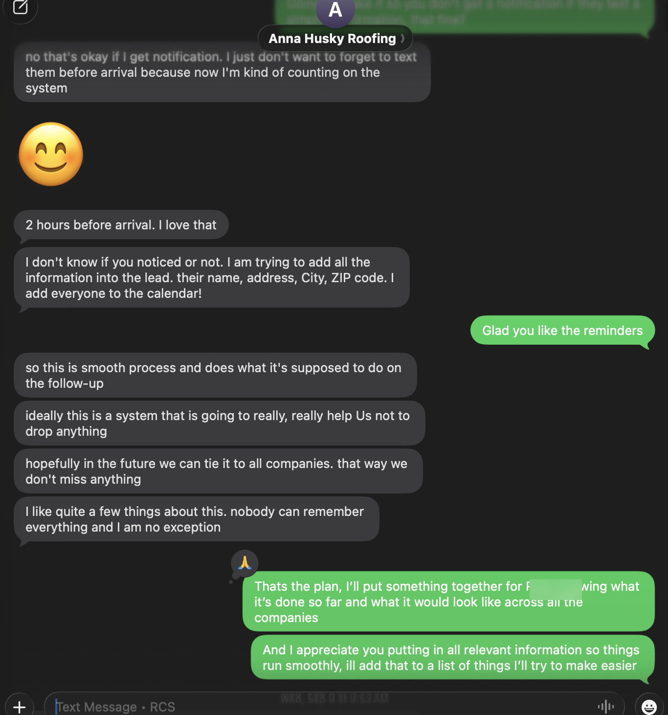Texts from Anna, Husky Roofing's receptionist, about the inspection reminders and follow-up